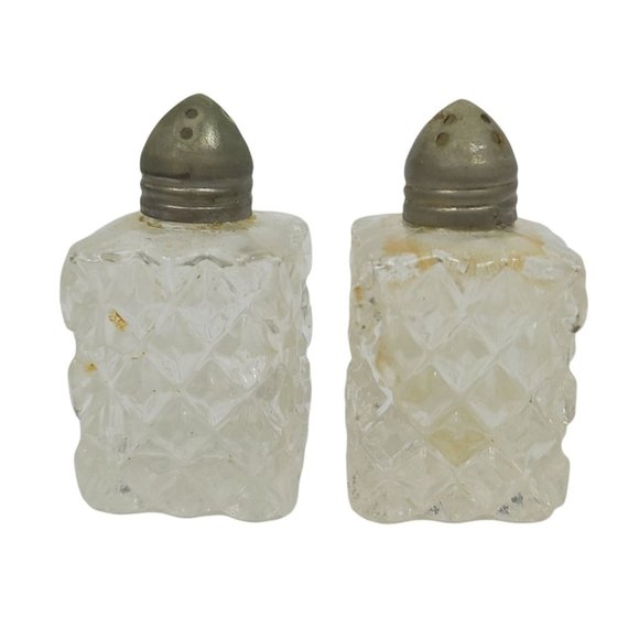 Vintage Cut Glass Mini Salt Pepper Shakers Aluminum Lids MCM MId Century - Picture 4 of 8